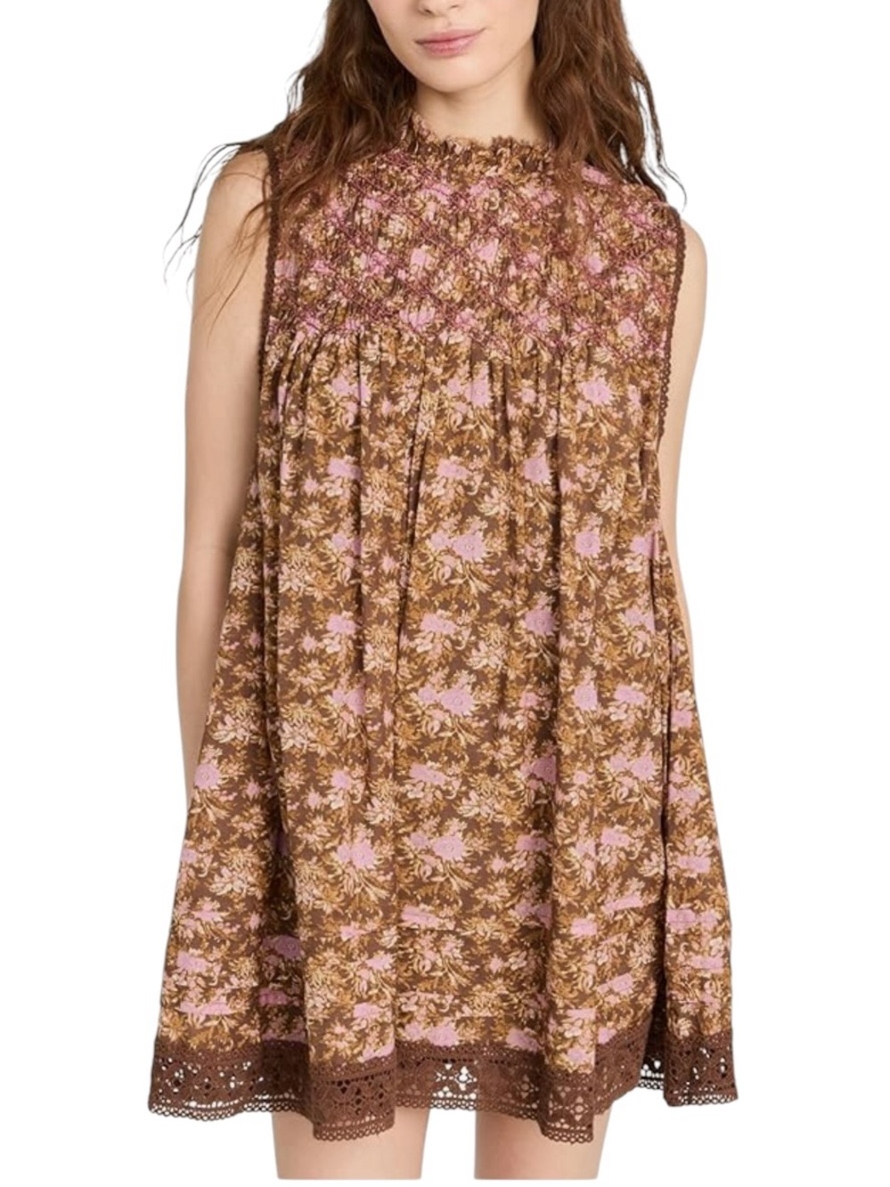 Free People Brown and Pink Floral Smocked Mini Dress